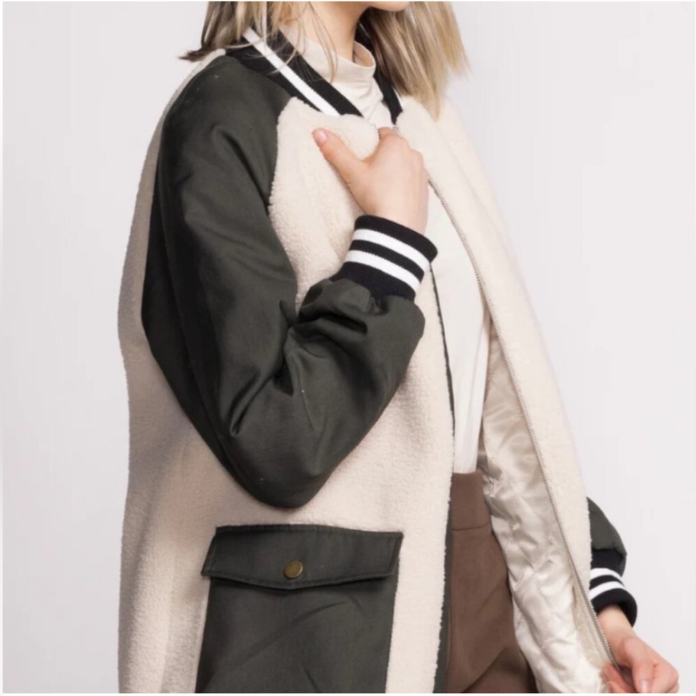 Pink Martini Sherpa Varsity Bomber Jacket Olive Green & Cream XS Quilted Lined